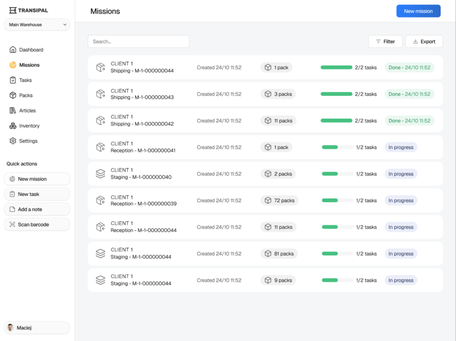 Mission list view in the Transipal web platform